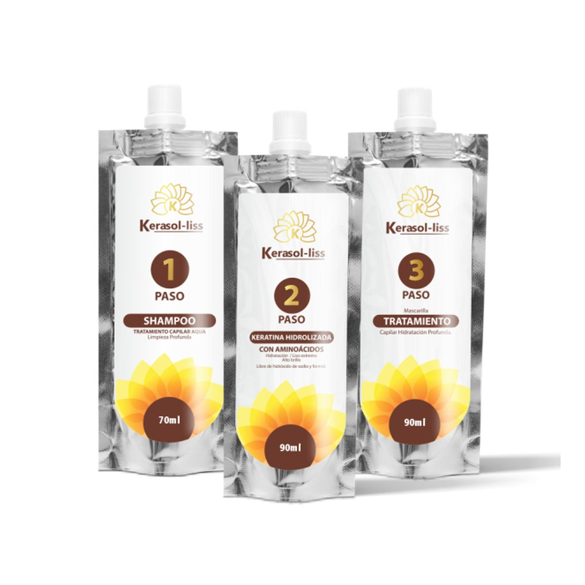 Kit Alisador Kerasol-liss en doypacks de 90 mL: shampoo, keratina hidrolizada y mascarilla