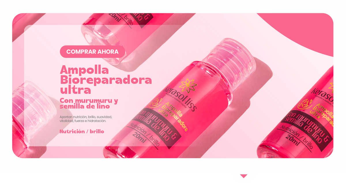 Ampolla Bioreparadora Ultra con murumuru y semilla de lino: nutrición, brillo, suavidad, vitalidad, fuerza e hidratación.