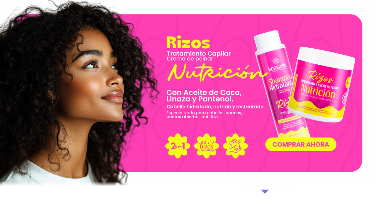 Rizos — tratamiento capilar y crema de peinar Nutrición, con aceite de coco, linaza y pantenol.