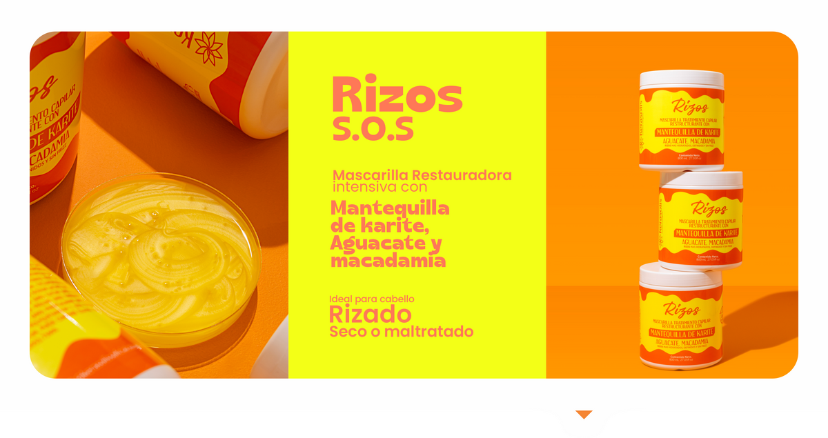 Rizos S.O.S — mascarilla restauradora intensiva con mantequilla de karité, aguacate y macadamia, para cabello rizado seco o maltratado.