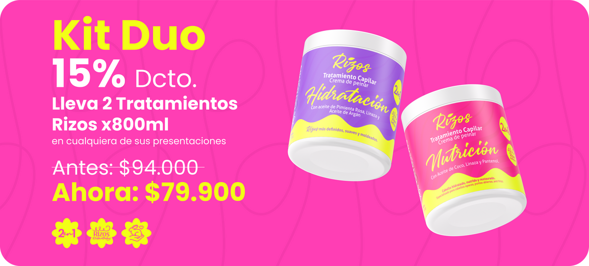 Kit Duo 15% de descuento: 2 tratamientos Rizos de 800 ml, antes $94.000, ahora $79.900.